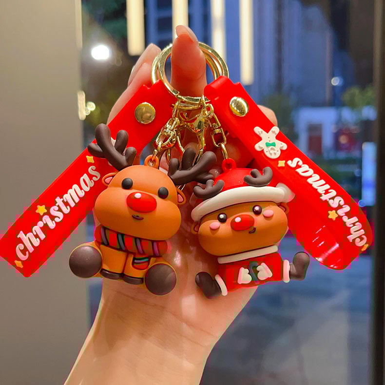 Cheie-inel PVC în stil desen animat cu pandantiv Moș Crăciun, brad de Crăciun și ren, ambalaj individual