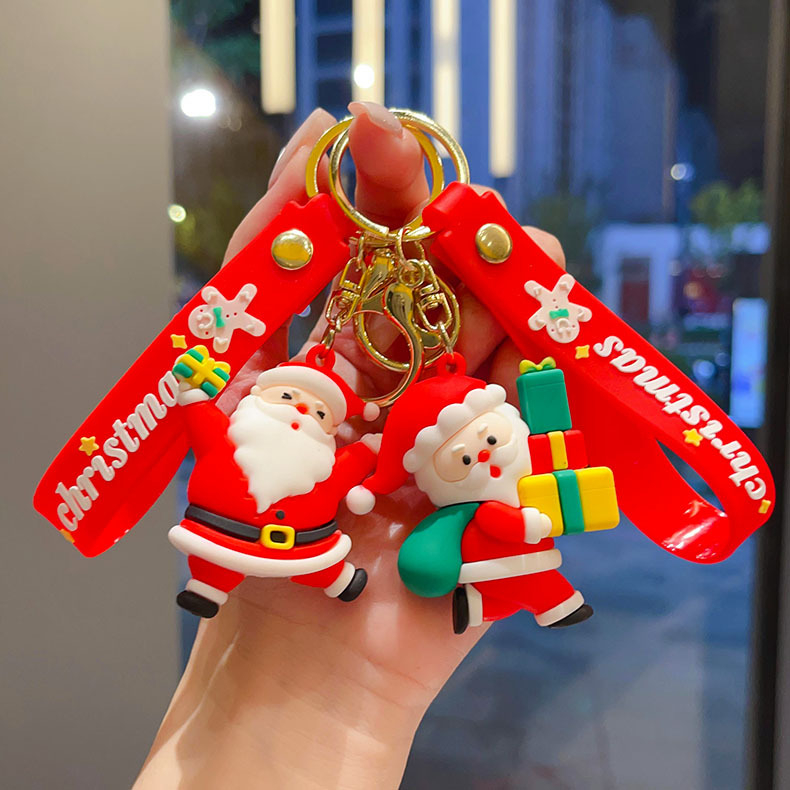 Cheie-inel PVC în stil desen animat cu pandantiv Moș Crăciun, brad de Crăciun și ren, ambalaj individual
