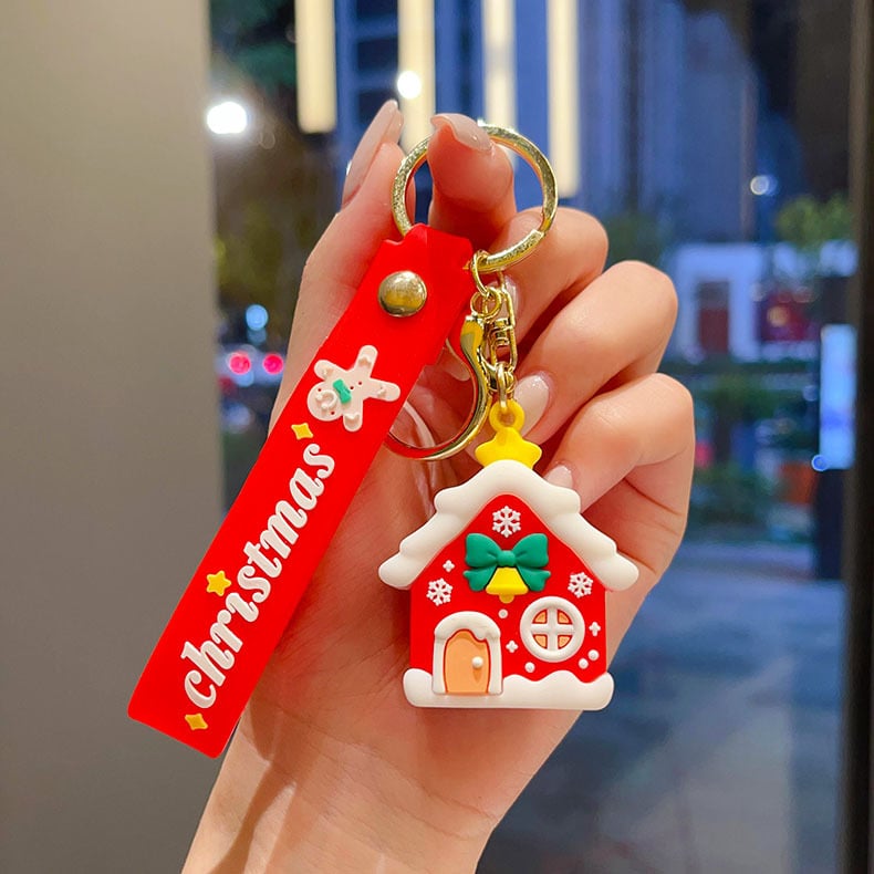 Cheie-inel PVC în stil desen animat cu pandantiv Moș Crăciun, brad de Crăciun și ren, ambalaj individual