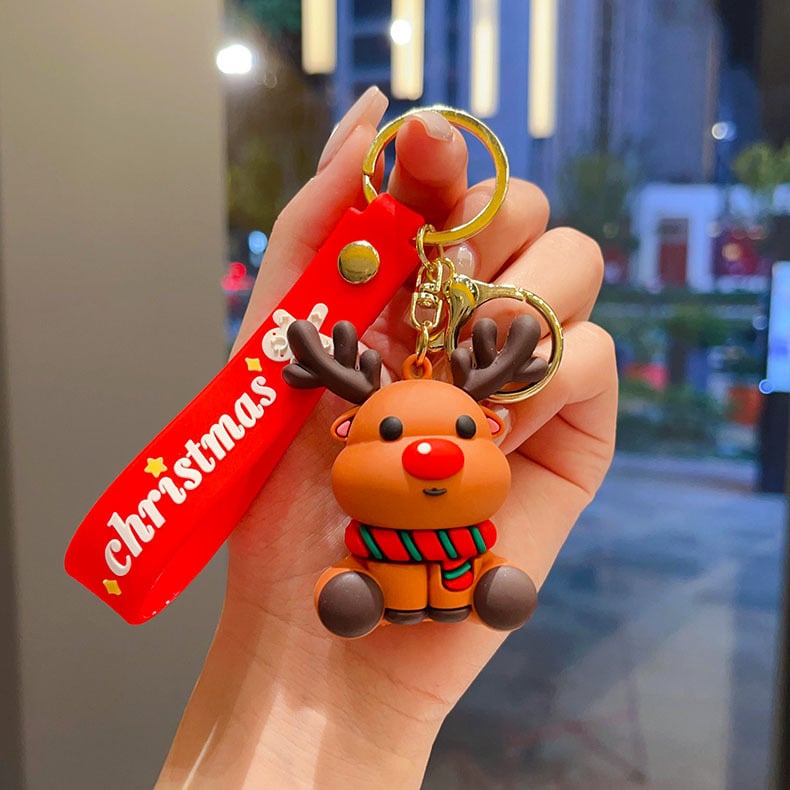 Cheie-inel PVC în stil desen animat cu pandantiv Moș Crăciun, brad de Crăciun și ren, ambalaj individual