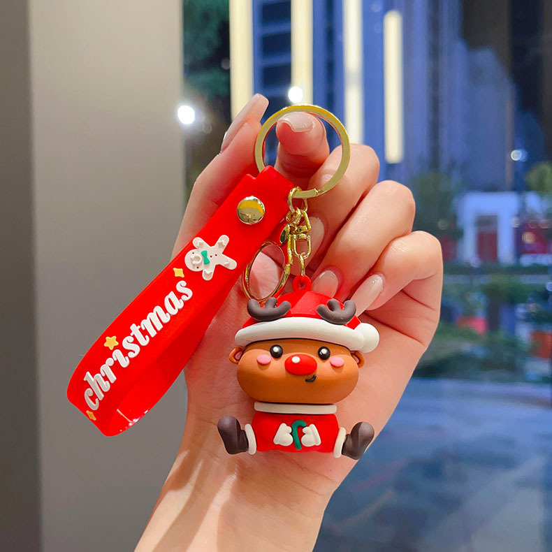 Cheie-inel PVC în stil desen animat cu pandantiv Moș Crăciun, brad de Crăciun și ren, ambalaj individual