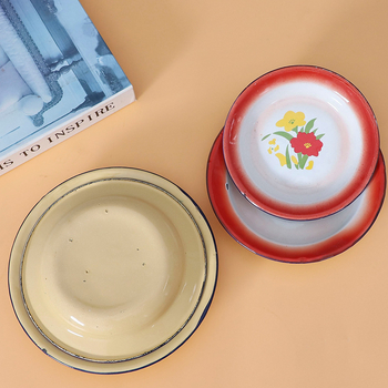 JINTANG farfurie emailată nostalgic, circulară cu motiv floral, strat glazurat, potrivit pentru microunde