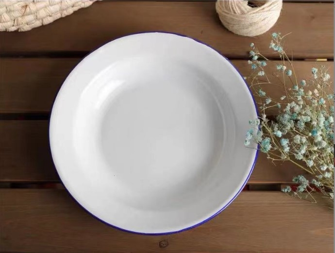 JINTANG farfurie emailată nostalgic, circulară cu motiv floral, strat glazurat, potrivit pentru microunde