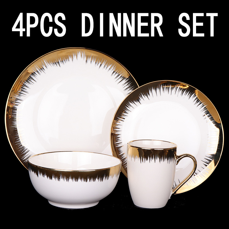 Porcelāna rietumu vakariņu šķīvji ar zelta apmali un elektroplātētu pārklājumu, mikroviļņu krāsnij piemēroti, gaišs luksus retro stils