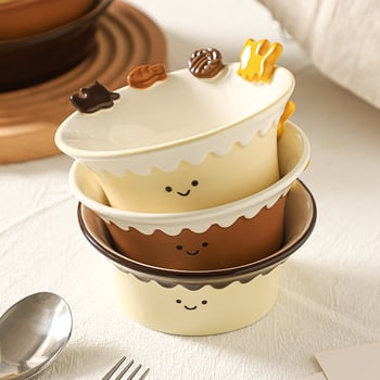 Set de boluri și farfurii ceramice, cu relief sub glazură, stil creativ, potrivit pentru microunde