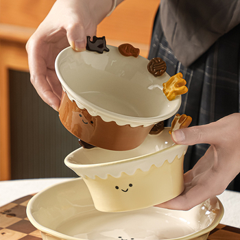 Set de boluri și farfurii ceramice, cu relief sub glazură, stil creativ, potrivit pentru microunde