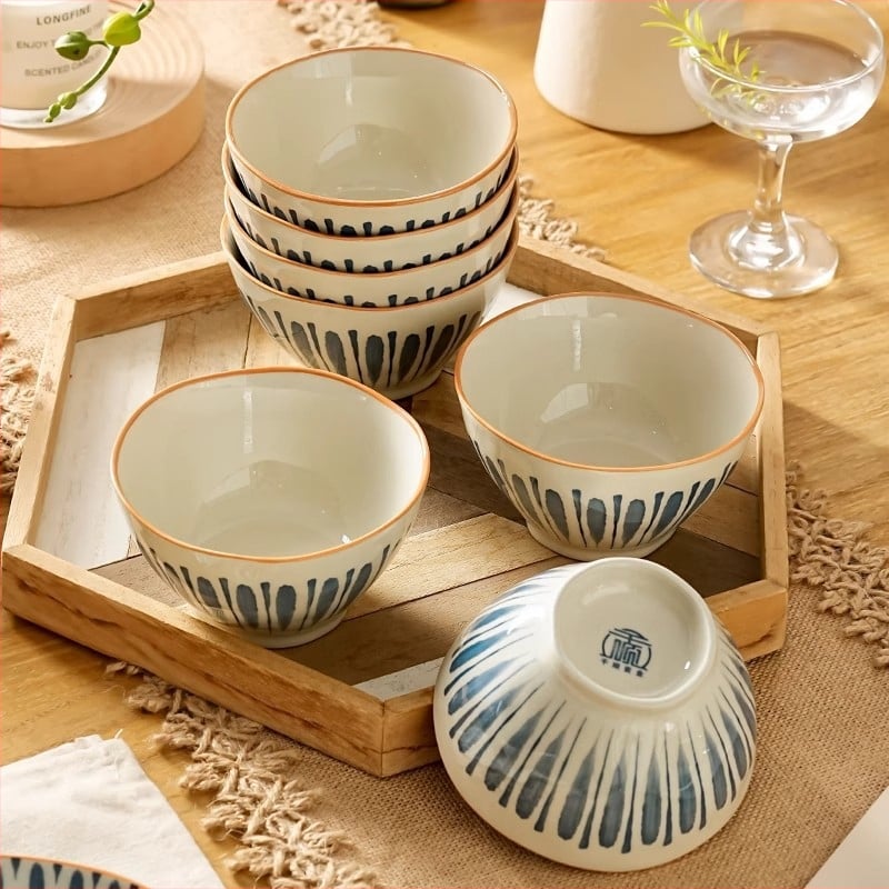 Σετ ιαπωνικών κεραμικών μπολ και πιάτων με διακόσμηση υπό γλάσο – στρογγυλό σχήμα, μοντέρνο μινιμαλιστικό στυλ, κατάλληλο για φούρνο μικροκυμάτων