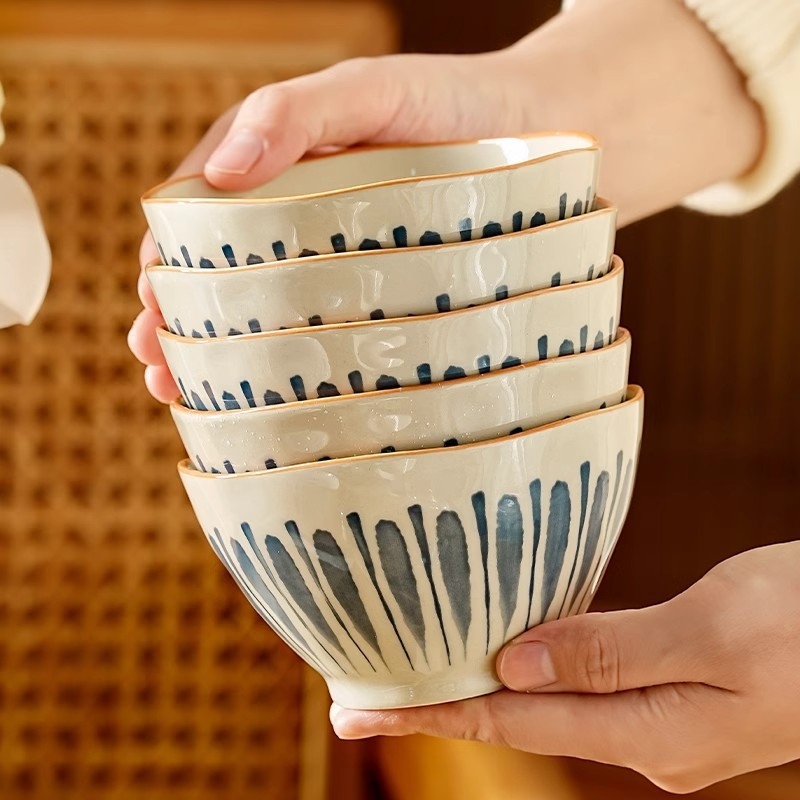 Σετ ιαπωνικών κεραμικών μπολ και πιάτων με διακόσμηση υπό γλάσο – στρογγυλό σχήμα, μοντέρνο μινιμαλιστικό στυλ, κατάλληλο για φούρνο μικροκυμάτων