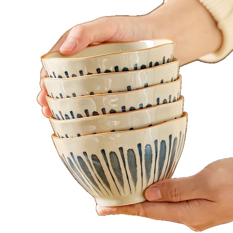 Σετ ιαπωνικών κεραμικών μπολ και πιάτων με διακόσμηση υπό γλάσο – στρογγυλό σχήμα, μοντέρνο μινιμαλιστικό στυλ, κατάλληλο για φούρνο μικροκυμάτων