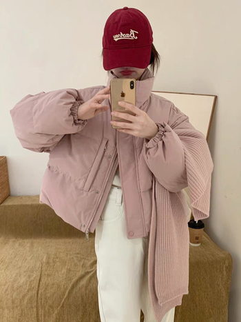 Geacă de puf pentru femei, cu guler înalt (izolație groasă, material nylon, umplutură din puf alb de rață, lungime scurtă)