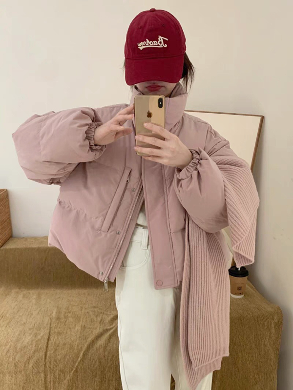 Geacă de puf pentru femei, cu guler înalt (izolație groasă, material nylon, umplutură din puf alb de rață, lungime scurtă)