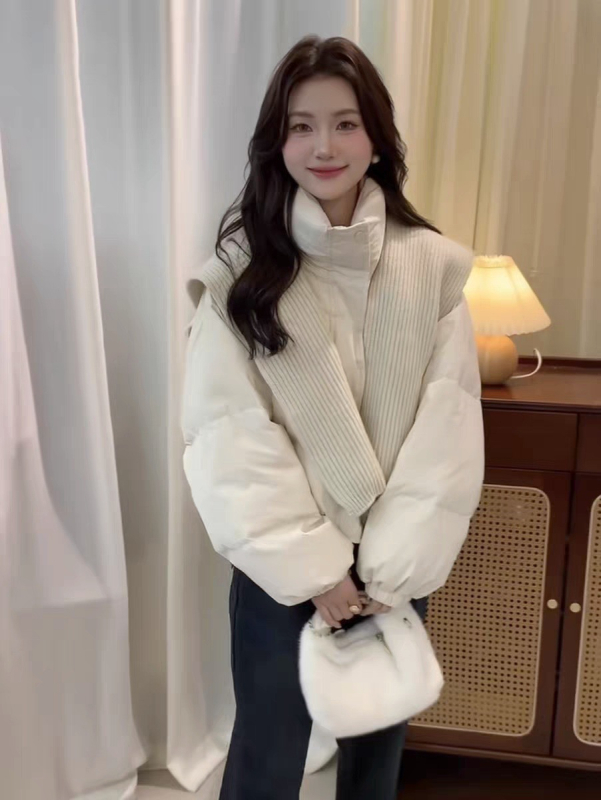 Geacă de puf pentru femei, cu guler înalt (izolație groasă, material nylon, umplutură din puf alb de rață, lungime scurtă)