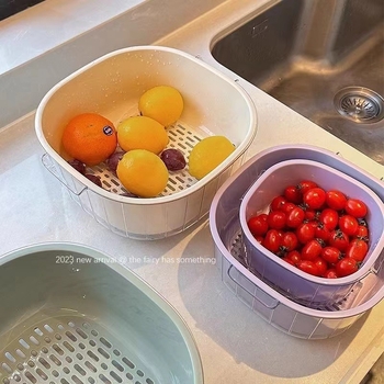 Пластмасова двуетажна кошница за измиване на зеленчуци с дренаж, Yi Yu, прост стил