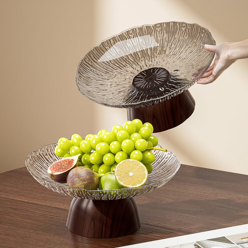 Plastična visoka posuda za voće s bazom od drvne teksture, okrugli tanjur za desert za kućnu prezentaciju užine, svijetlo-luksuzan stil