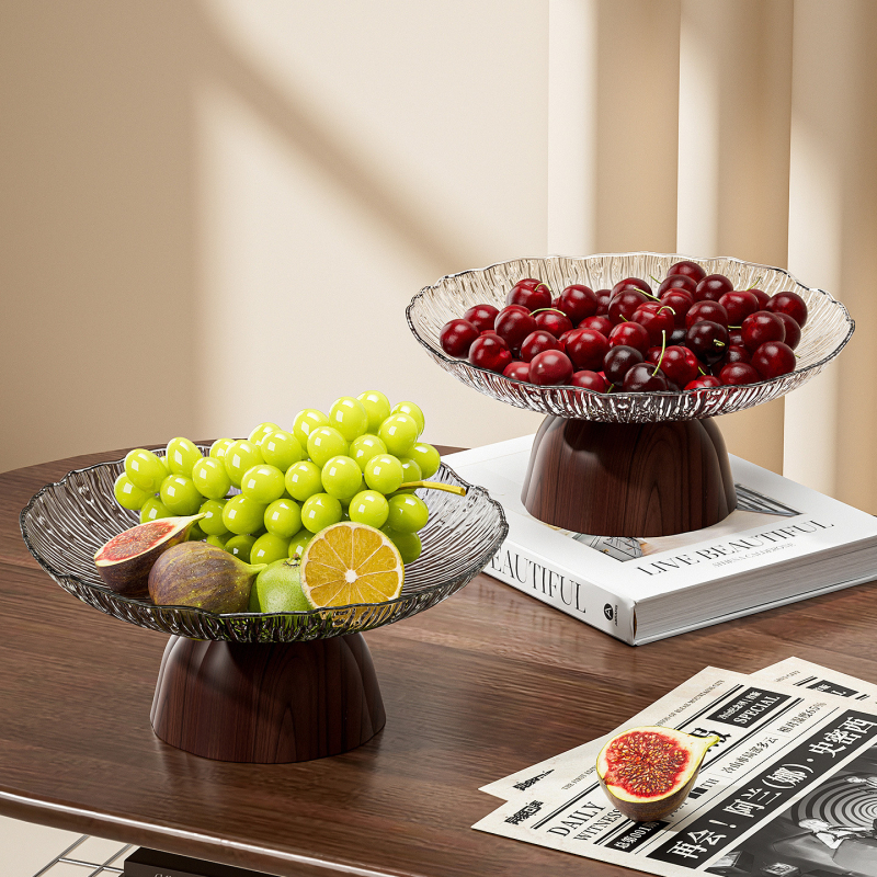 Plastična visoka posuda za voće s bazom od drvne teksture, okrugli tanjur za desert za kućnu prezentaciju užine, svijetlo-luksuzan stil