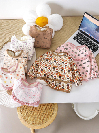 Corduroy smock bib bērniem, ar fleece oderi, universāls, ziedu raksts, reversais dizains