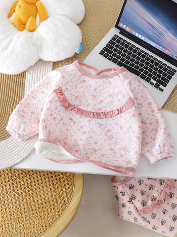 Corduroy smock bib bērniem, ar fleece oderi, universāls, ziedu raksts, reversais dizains