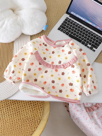 Corduroy smock bib bērniem, ar fleece oderi, universāls, ziedu raksts, reversais dizains