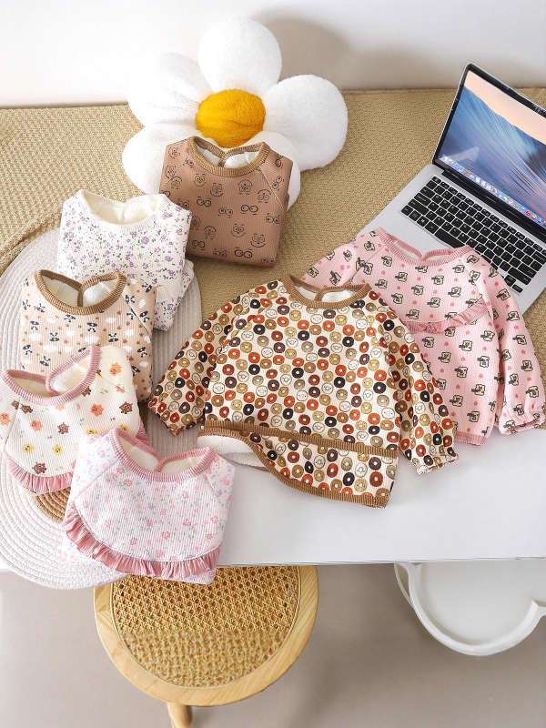 Corduroy smock bib bērniem, ar fleece oderi, universāls, ziedu raksts, reversais dizains