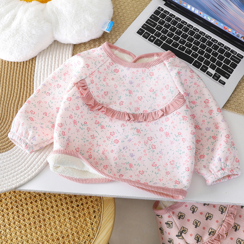 Corduroy smock bib bērniem, ar fleece oderi, universāls, ziedu raksts, reversais dizains