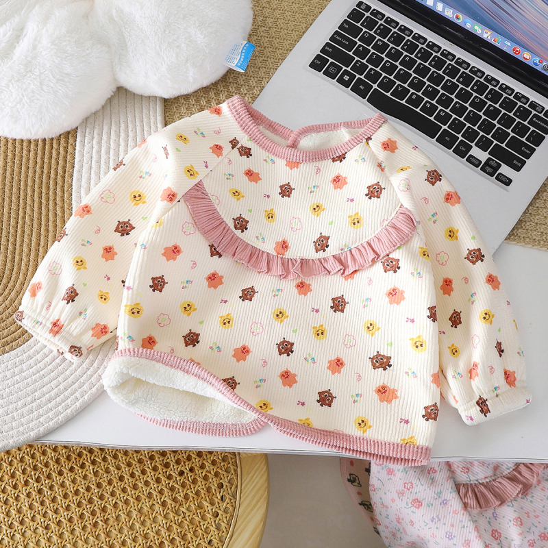 Corduroy smock bib bērniem, ar fleece oderi, universāls, ziedu raksts, reversais dizains