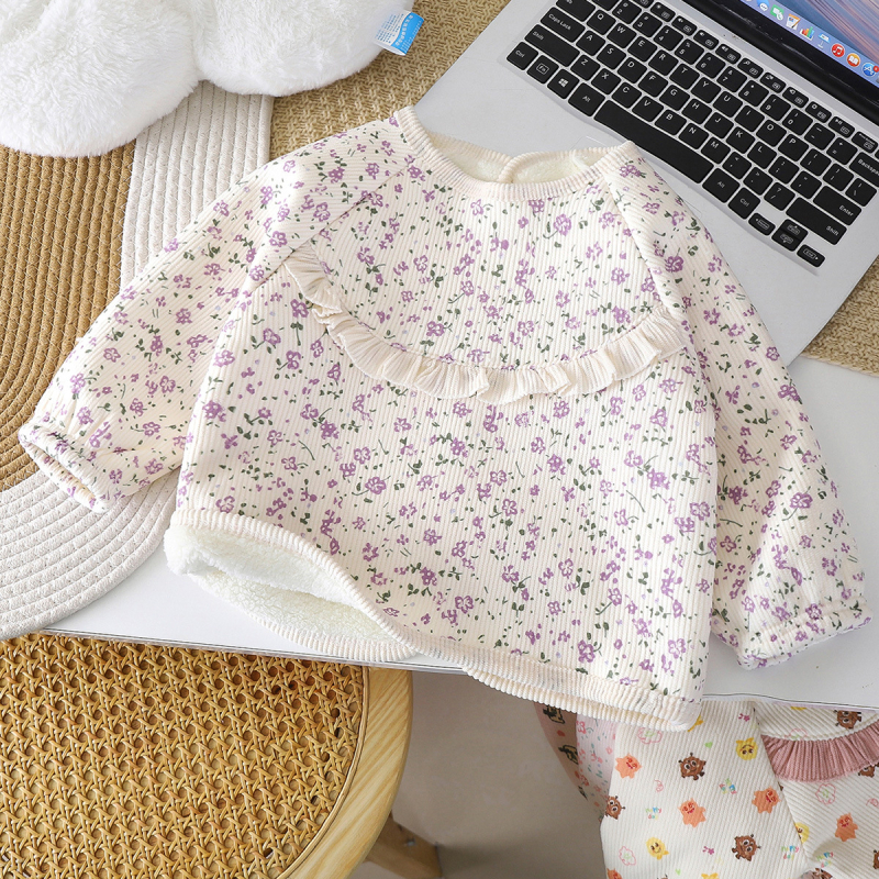 Corduroy smock bib bērniem, ar fleece oderi, universāls, ziedu raksts, reversais dizains