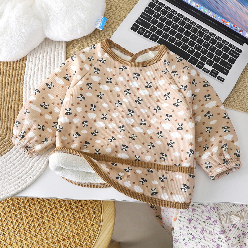 Corduroy smock bib bērniem, ar fleece oderi, universāls, ziedu raksts, reversais dizains