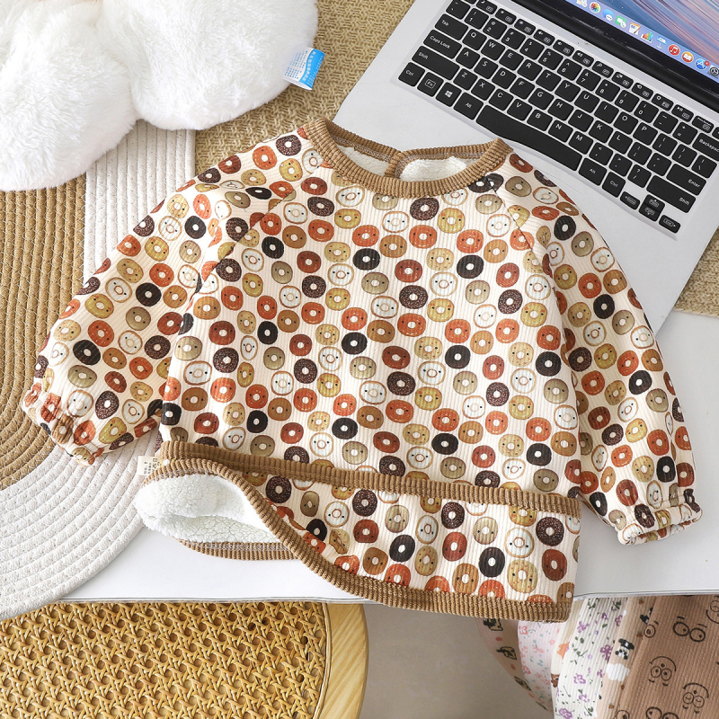 Corduroy smock bib bērniem, ar fleece oderi, universāls, ziedu raksts, reversais dizains