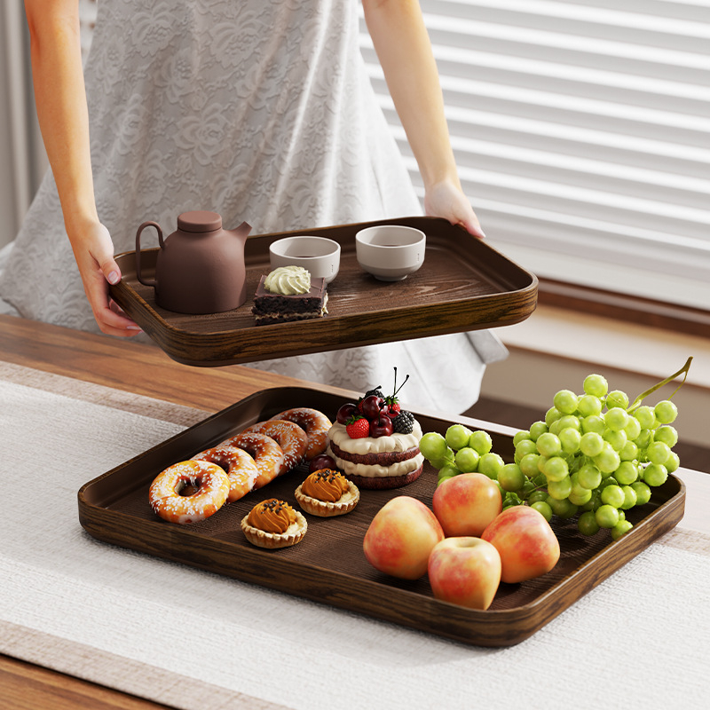 Tavă din plastic cu aspect lemnos, dreptunghiulară, stil japonez, tavă de servire dintr-o singură piesă