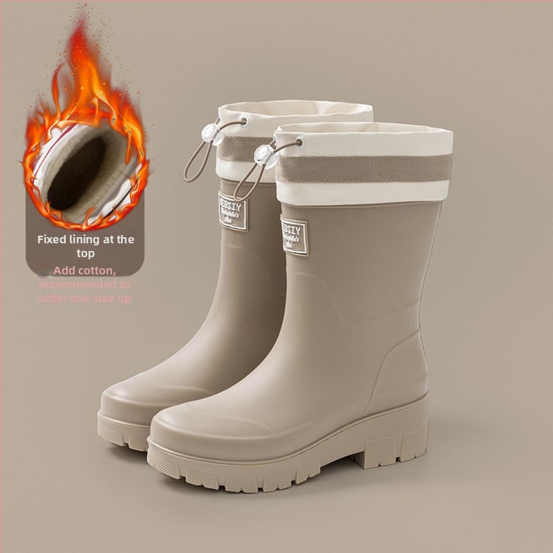 Női esőcsizma - csúszásmentes talp, középmagas cső, PVC felsőrész, pamut-velúr bélés, vastag talp