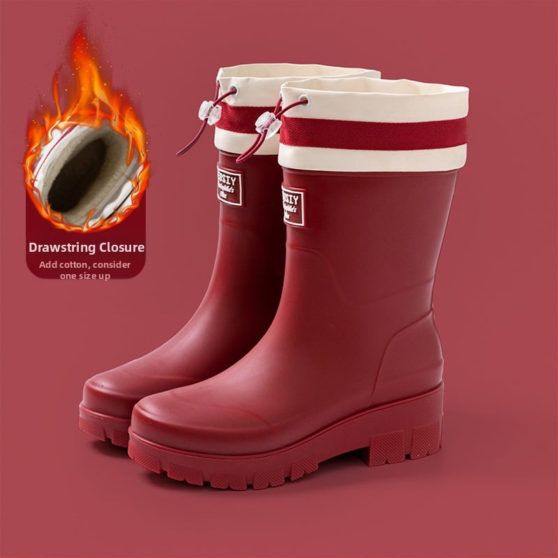 Női esőcsizma - csúszásmentes talp, középmagas cső, PVC felsőrész, pamut-velúr bélés, vastag talp