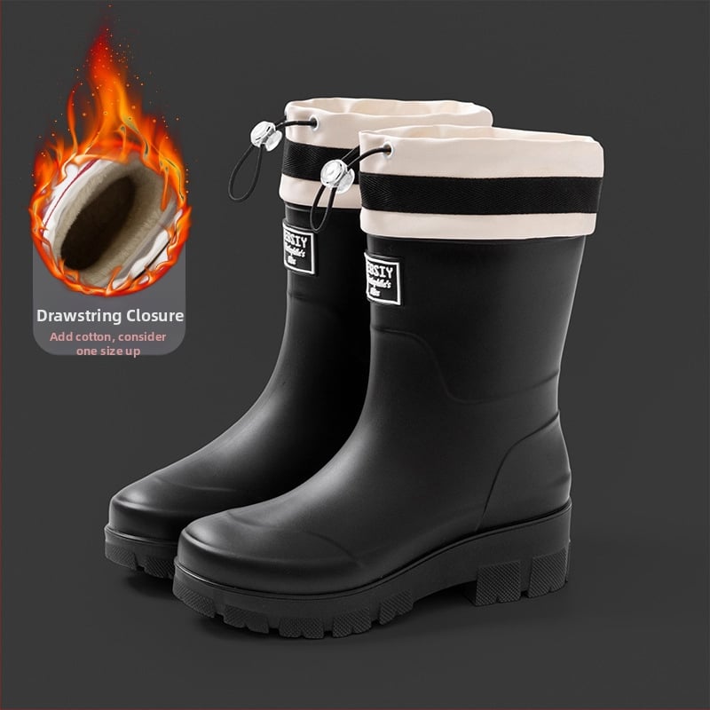 Női esőcsizma - csúszásmentes talp, középmagas cső, PVC felsőrész, pamut-velúr bélés, vastag talp