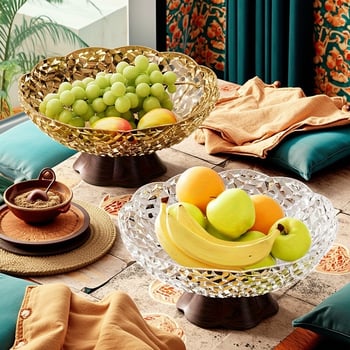 Tava de fructe pe suport înalt din PET, aspect lemnos, drenaj, capacitate mare, Stil Nou Chinezesc