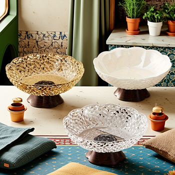 Tava de fructe pe suport înalt din PET, aspect lemnos, drenaj, capacitate mare, Stil Nou Chinezesc