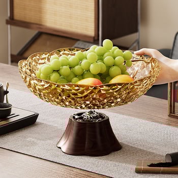 Tava de fructe pe suport înalt din PET, aspect lemnos, drenaj, capacitate mare, Stil Nou Chinezesc