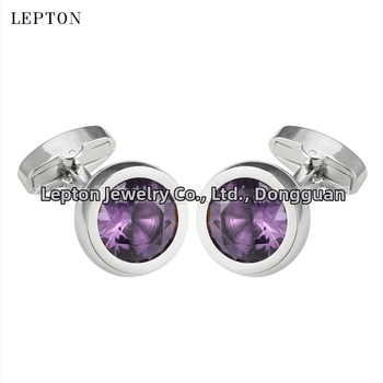 Κρίκοι μανικιών από χαλκό, unisex, στρογγυλού σχήματος, με κρυστάλλους αμέθιστου, ηλεκτροπλατινωμένοι