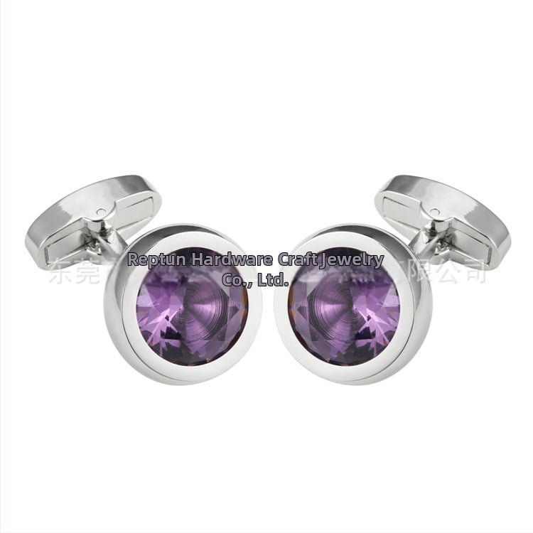 Κρίκοι μανικιών από χαλκό, unisex, στρογγυλού σχήματος, με κρυστάλλους αμέθιστου, ηλεκτροπλατινωμένοι