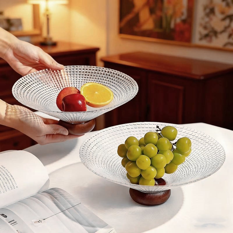 Üvegből készült gyümölcstál — könnyű luxus stílus, rácsos mintázat, gravírozott részletek, 2021 nyári kiadás