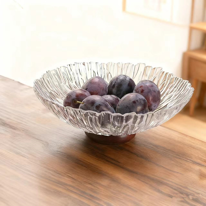 Üvegből készült gyümölcstál — könnyű luxus stílus, rácsos mintázat, gravírozott részletek, 2021 nyári kiadás