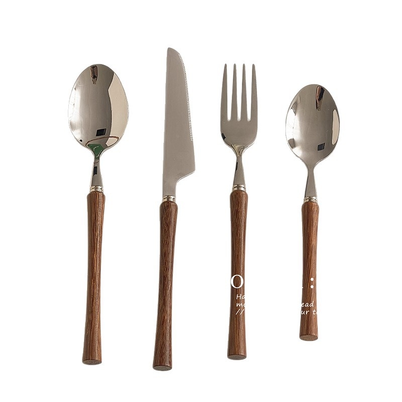 304 неръждаема стомана, 4 части западни прибори за хранене: нож, вилка, лъжица и десертна лъжичка, огледално полирани, модерен стил, едноцветен дизайн, възможност за печат на лого.