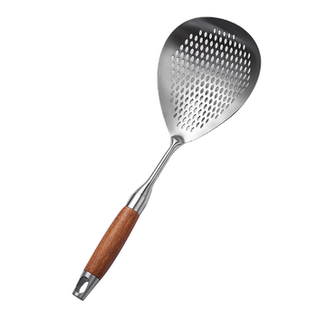 A good family μαγειρική σπάτουλα με διχτυωτή επιφάνεια από 201 ανοξείδωτο χάλυβα και λαβή από ατσάλι-ξύλο; μη κολλάει, αντιολισθητική, αντοχή σε υψηλές θερμοκρασίες; ιδανική για νούντλς, γεμιστά και κατσαρόλες.