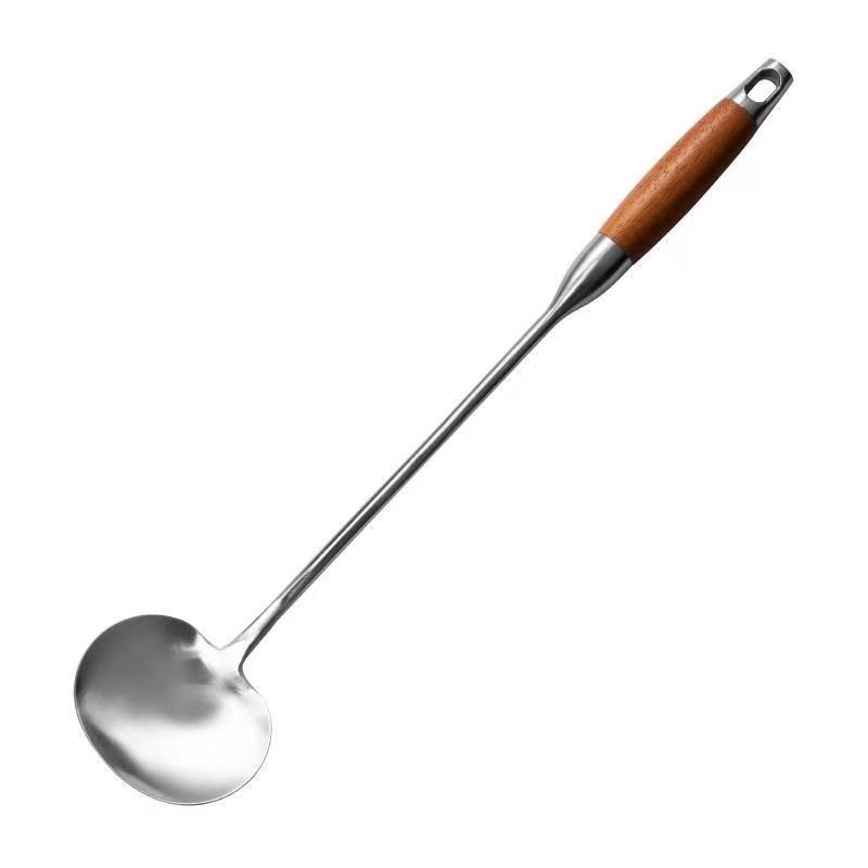 Κουτάλα μαγειρέματος από ανοξείδωτο ατσάλι με μακριά λαβή και λαβή από ροζ ξύλο