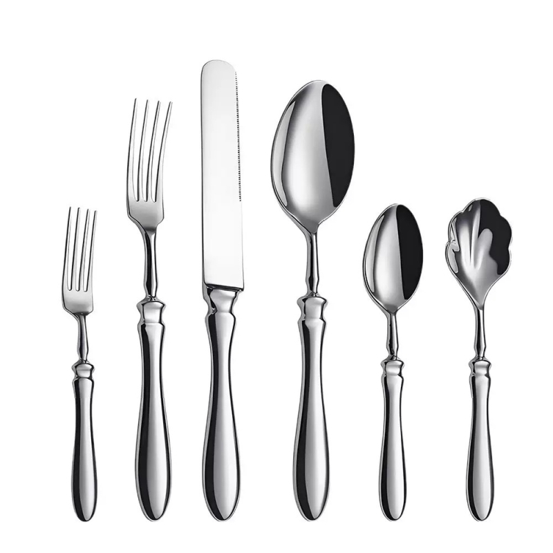 Set nože, vilice i žlice — nehrđajući čelik 304, kovano, drška u obliku tikve, ogledni završetak