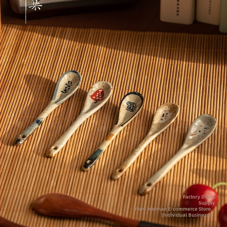 Kézzel készített japán stílusú retro hosszú nyelű kávéskanál, kerámia keverőkanál; anyag: selyemvirág; mintázat 69850