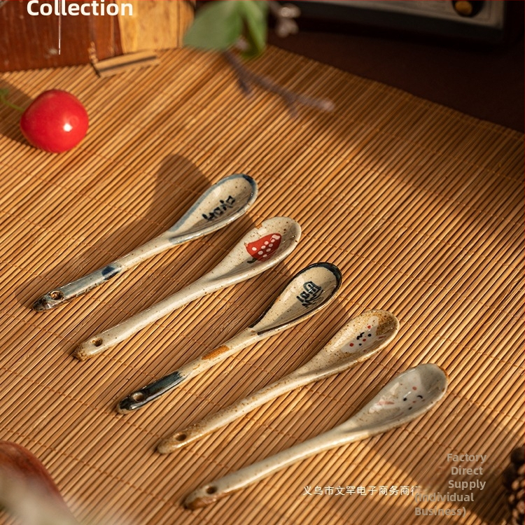 Kézzel készített japán stílusú retro hosszú nyelű kávéskanál, kerámia keverőkanál; anyag: selyemvirág; mintázat 69850