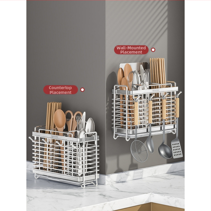 Sienas stiprināms virtuves palīglīdzekļu turētājs no 304 nerūsējošā tērauda ar naža turētāju un karotes uzglabāšanu