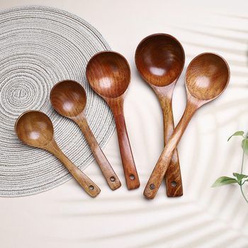 Meiyuehong Komu Ξύλινο κουτάλι σούπας, καμπυλωτή μακριά λαβή, φυσική υφή ξύλου, ιαπωνικό στυλ