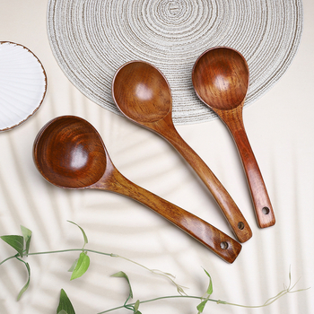 Meiyuehong Komu Ξύλινο κουτάλι σούπας, καμπυλωτή μακριά λαβή, φυσική υφή ξύλου, ιαπωνικό στυλ