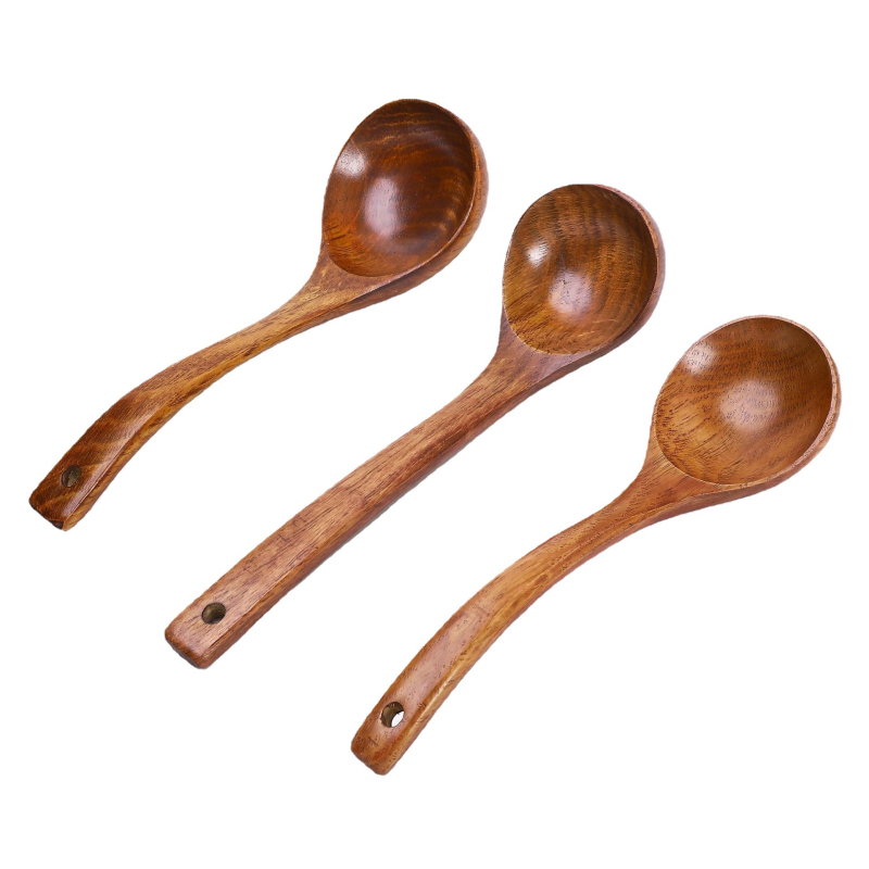 Meiyuehong Komu Ξύλινο κουτάλι σούπας, καμπυλωτή μακριά λαβή, φυσική υφή ξύλου, ιαπωνικό στυλ