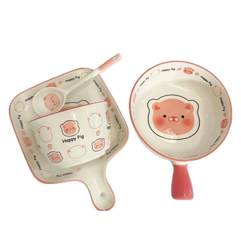 Set ceramic boluri și farfurioare cu model purcel Cartoon, culoare sub glazură, compatibil cu microunde, stil lux ușor